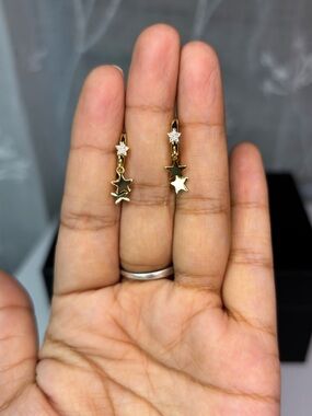 Delicate Double Gold Star Drop Earrings with Cubic Zirconia Sparkling Accents